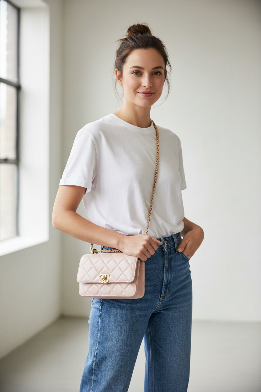 Model wearing Chanel Pink Small Quilted Flap Bag as crossbody
