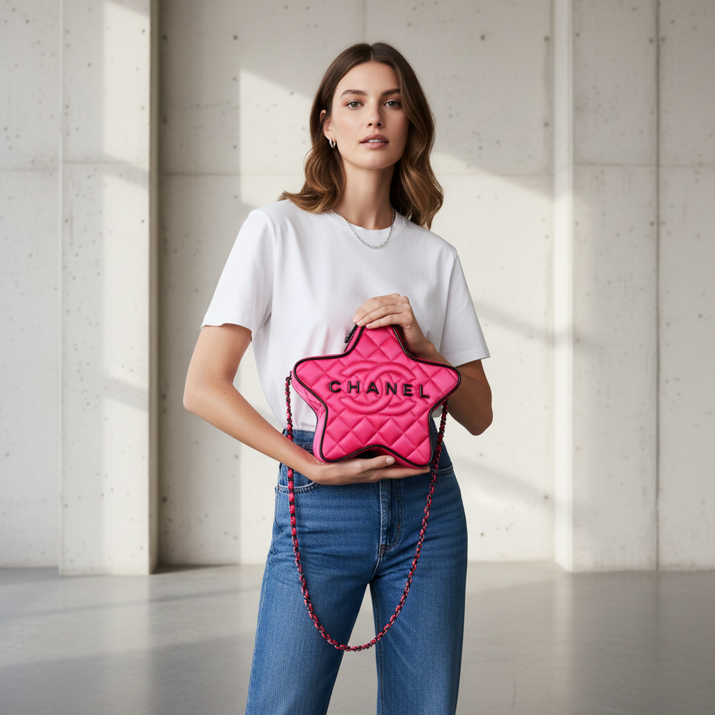 Model wearing Chanel Pink Walk of Fame Star Bag