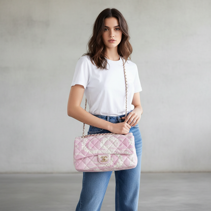 Model wearing Chanel Pink White Coco Beach Denim Maxi Flap