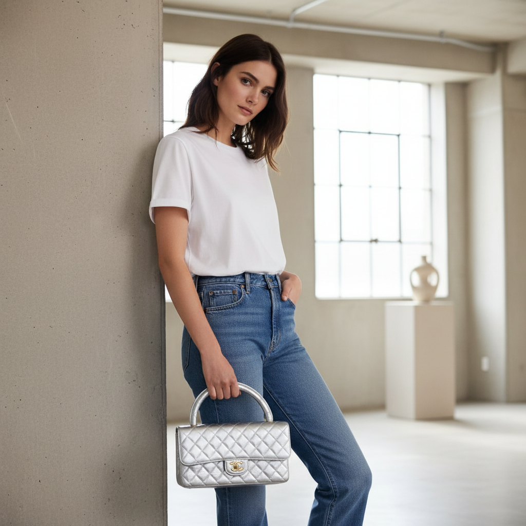 Model wearing Chanel Silver Top Handle