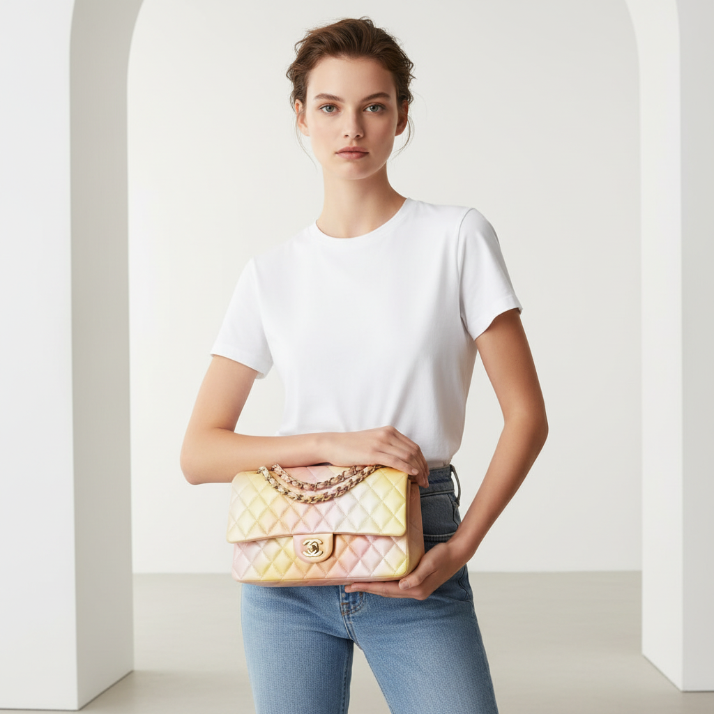 Model wearing Chanel Tie Dye Ombre Multicolor Medium Double Flap