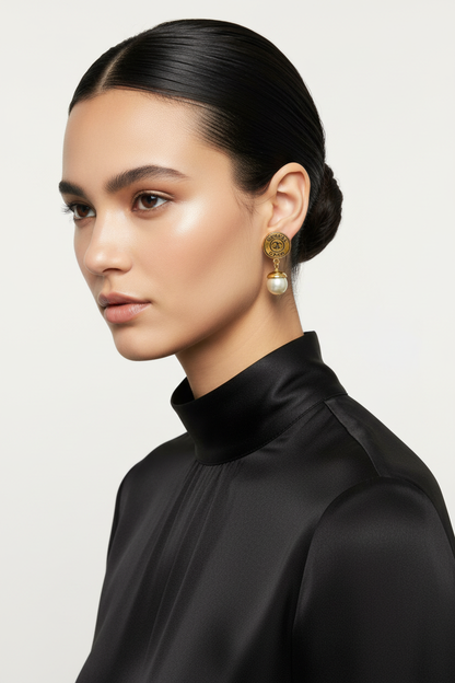 Model wearing Chanel vintage gold button pearl earrings