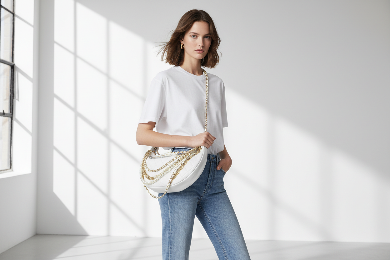 Model wearing Chanel White All About Chains Hobo Bag