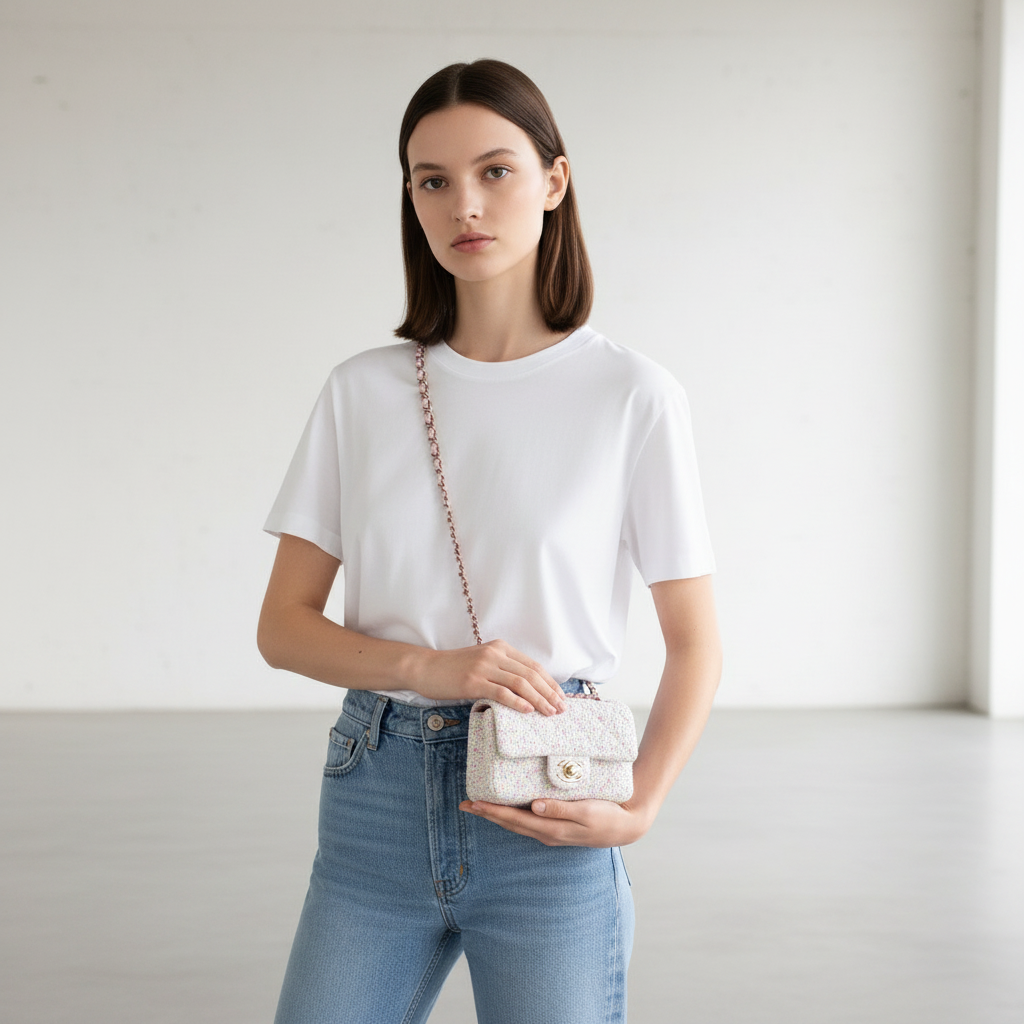 Model wearing Chanel White Pastel Pink Tweed Mini Rectangle - mini size