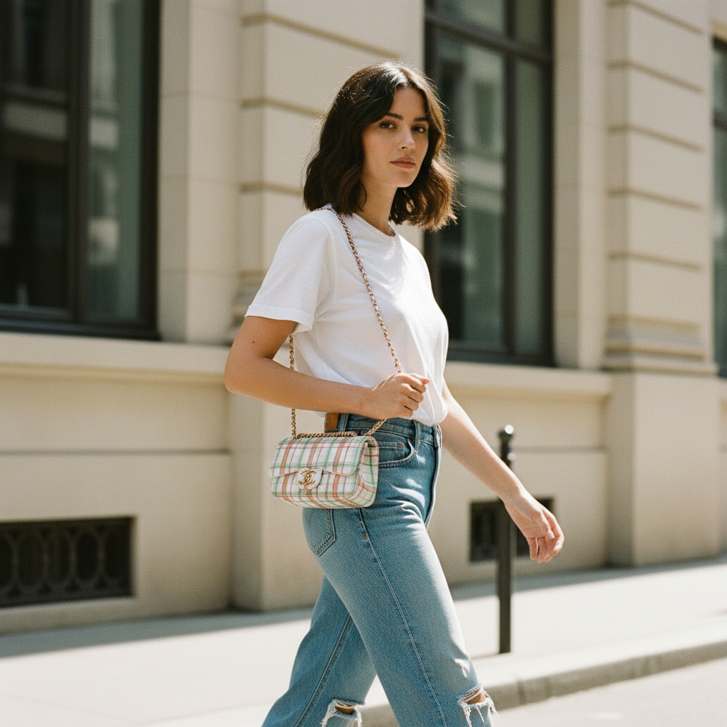 Model wearing Chanel White Plaid Mini Rectangle - mini bag