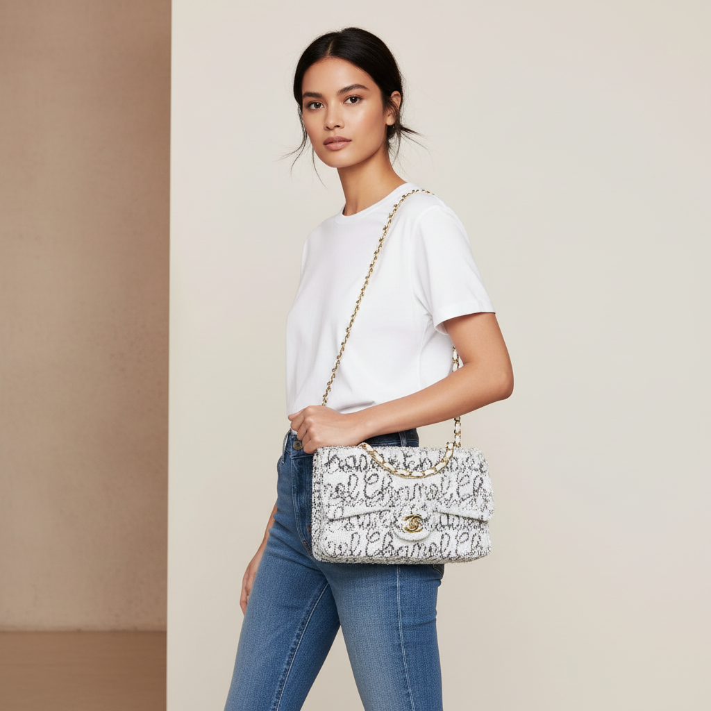 Model wearing Chanel White Sequin Logo Script Flap Bag
