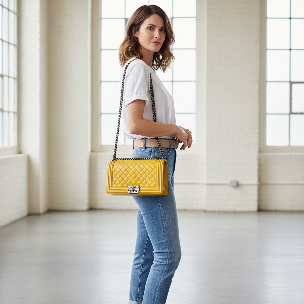 Model wearing Chanel Yellow Boy Bag