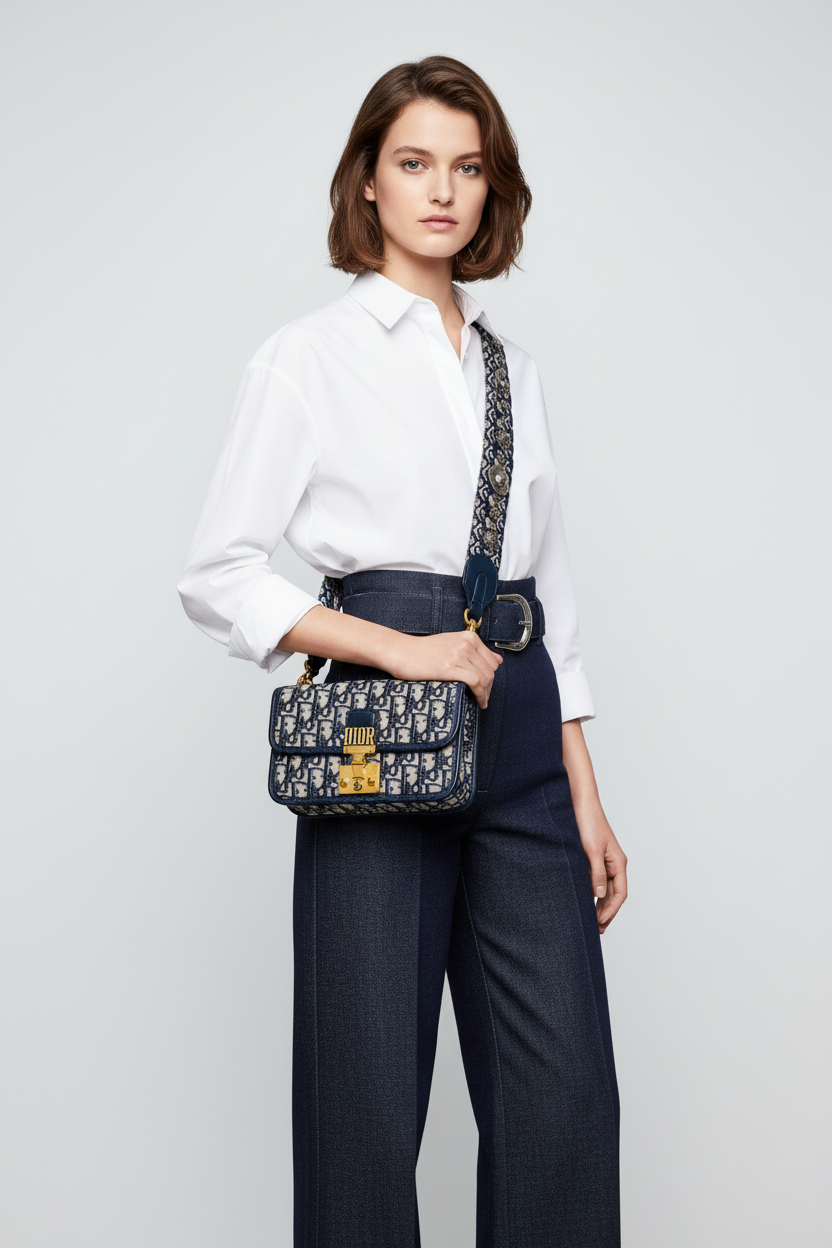 Model wearing Dior Denim DiorAddict Flap Bag