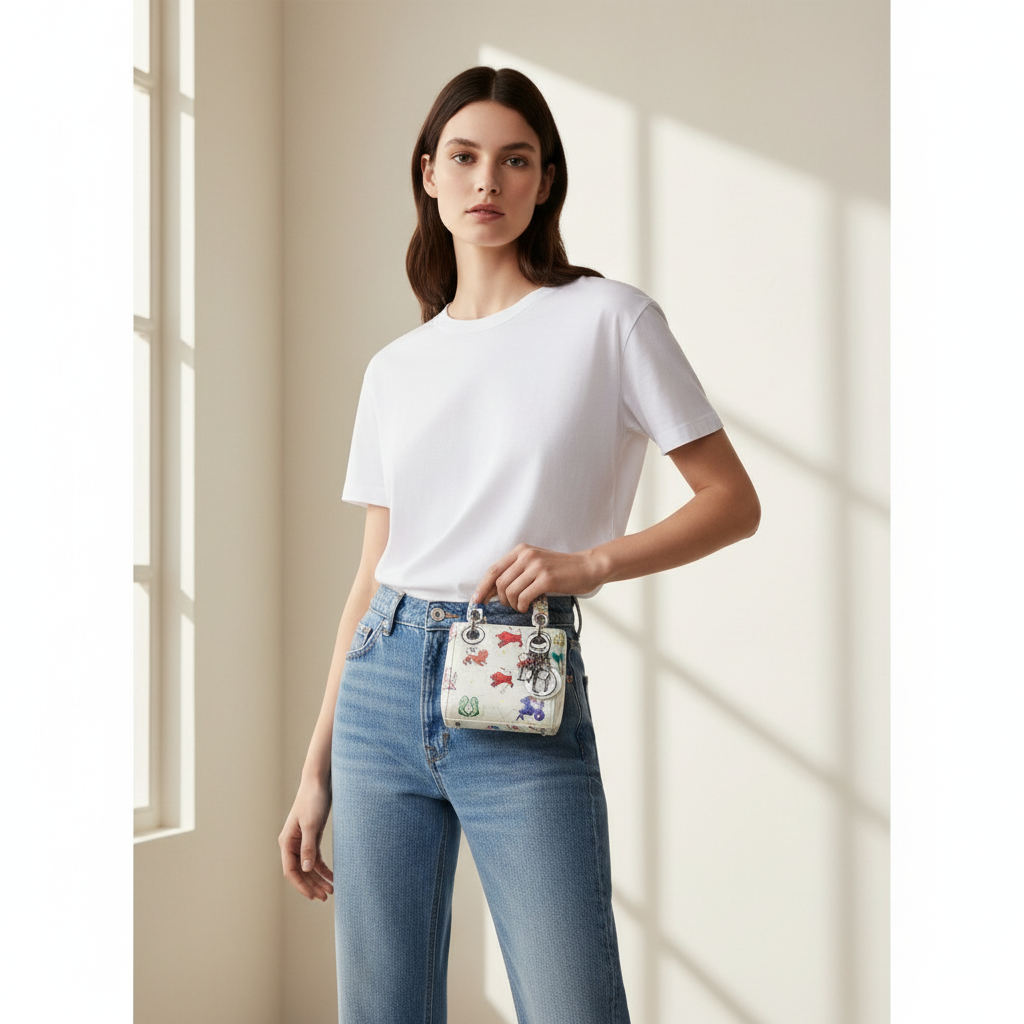 Model wearing Dior White Zodiac Pixel Micro Lady Dior