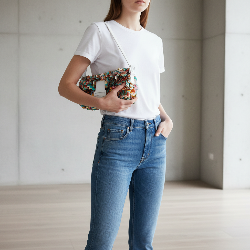 Model wearing Fendi White Multicolor Paillettes Baguette with short strap