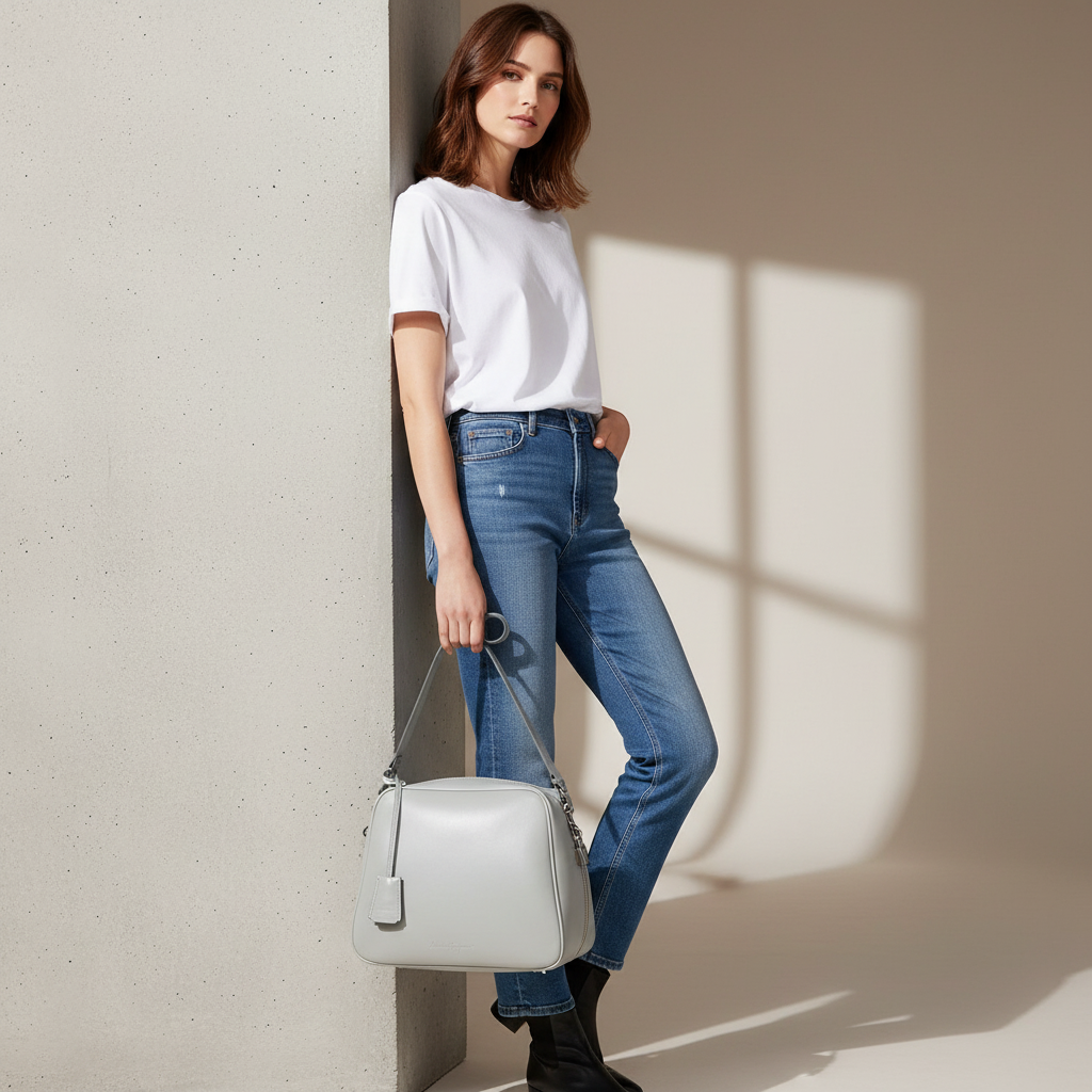 Model wearing Ferragamo Gray Bowler Bag