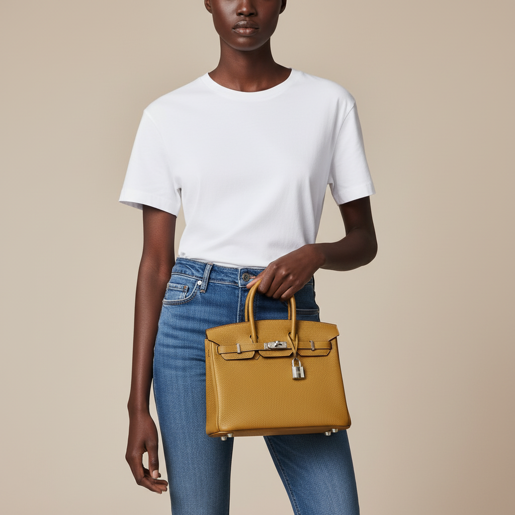 Model wearing Hermes Birkin 25 Bronze D'or Bleu Brume Verso