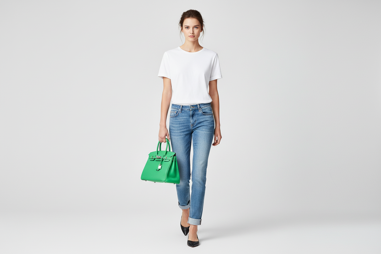 Model wearing Hermes Birkin 30 Vert Comics