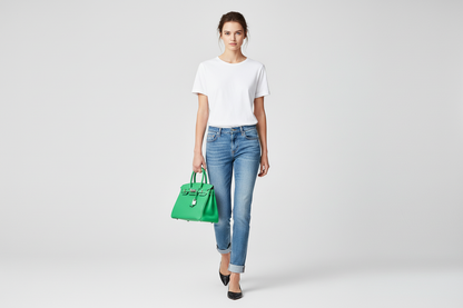 Model wearing Hermes Birkin 30 Vert Comics