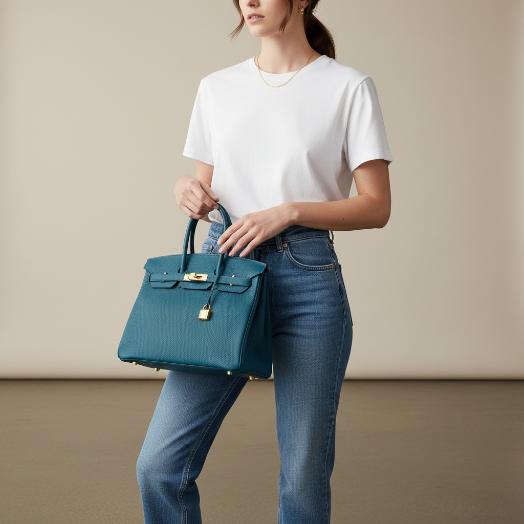 Model wearing Hermes Birkin 35 Colvert