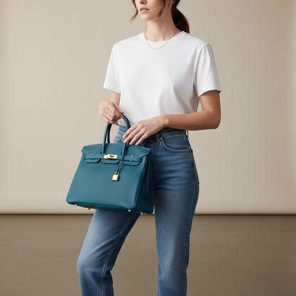 Model wearing Hermes Birkin 35 Colvert