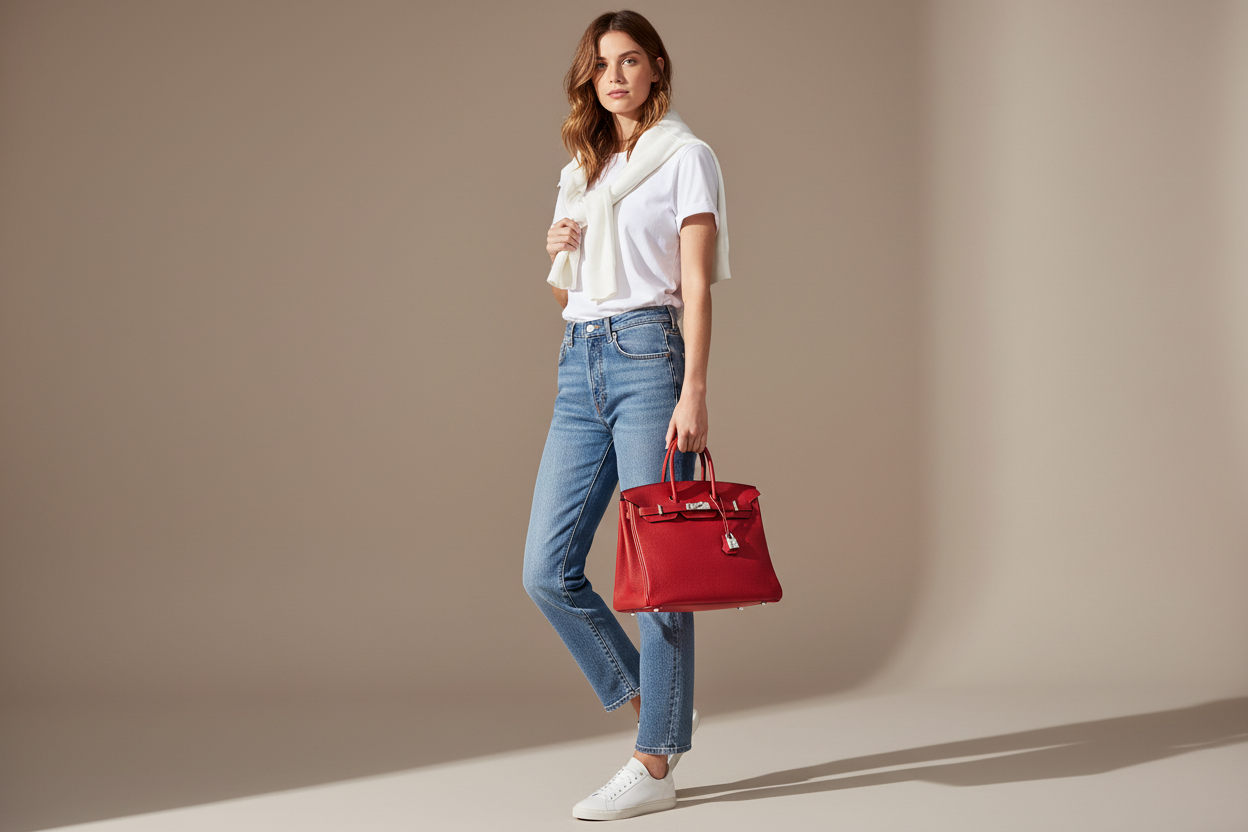 Model wearing Hermes Birkin 35 Rouge Casaque with sneakers