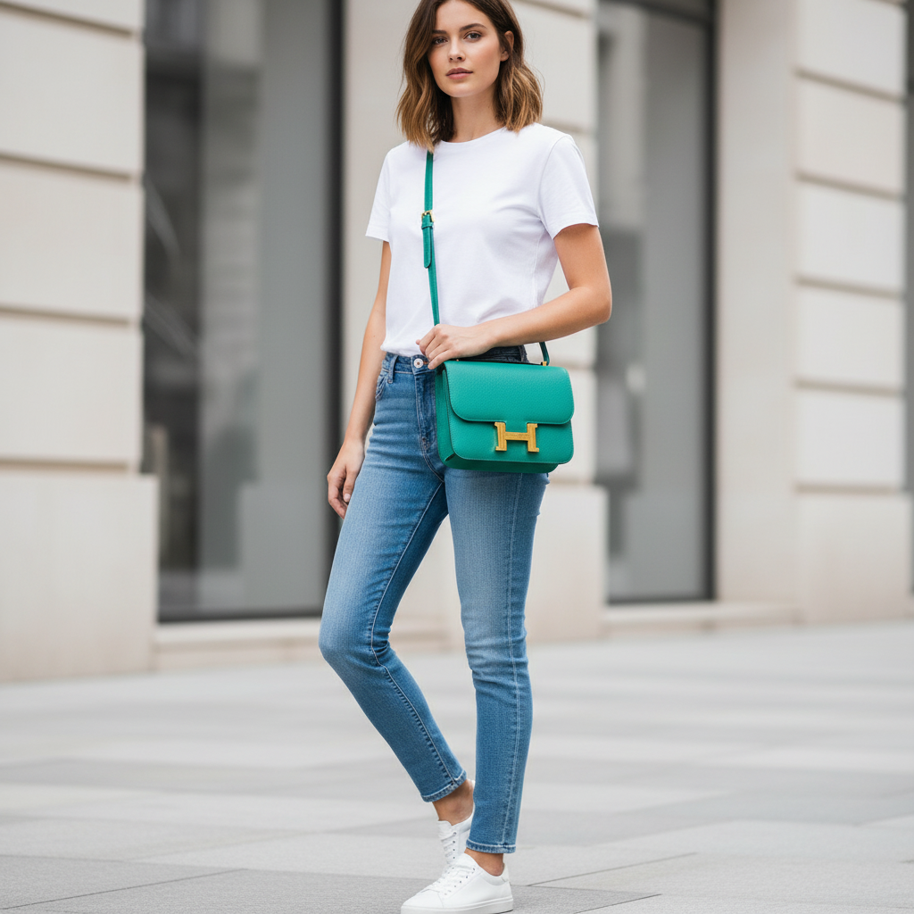 Model wearing Hermes Constance 18 Vert Jade crossbody
