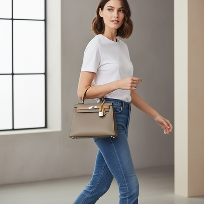 Model wearing Hermes Kelly 25 Etoupe Biscuit & Alezan Epsom