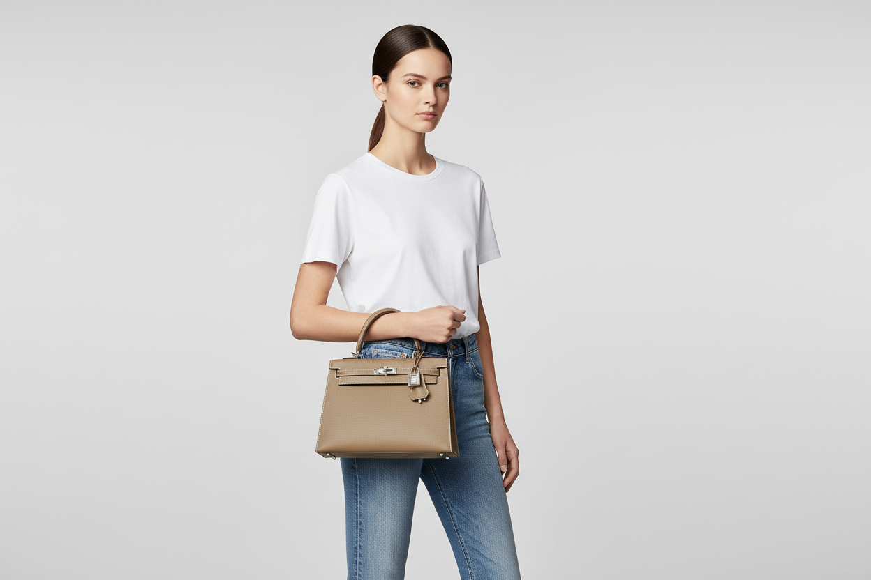 Model wearing Hermes Kelly 25 Etoupe
