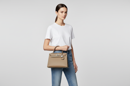 Model wearing Hermes Kelly 25 Etoupe
