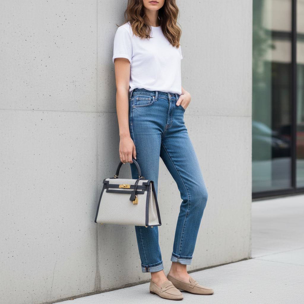 Model wearing Hermes Kelly 28 Ardoise Ecru Toile