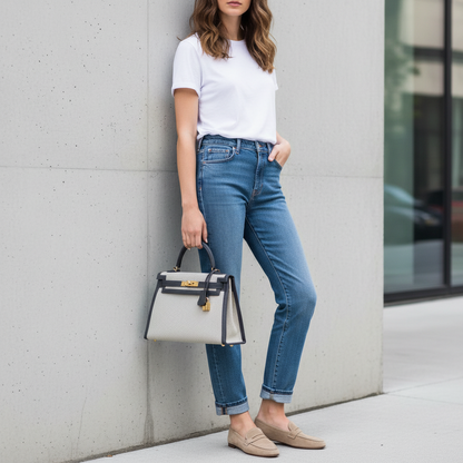 Model wearing Hermes Kelly 28 Ardoise Ecru Toile