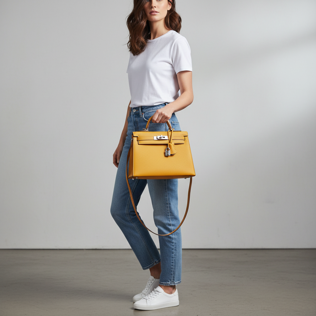 Model wearing Hermes Kelly 28 Jaune de Ambre