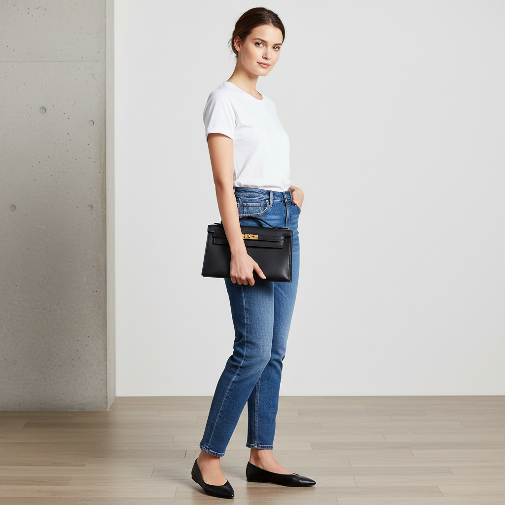 Model wearing Hermes Kelly Pochette Black Swift Gold Hardware