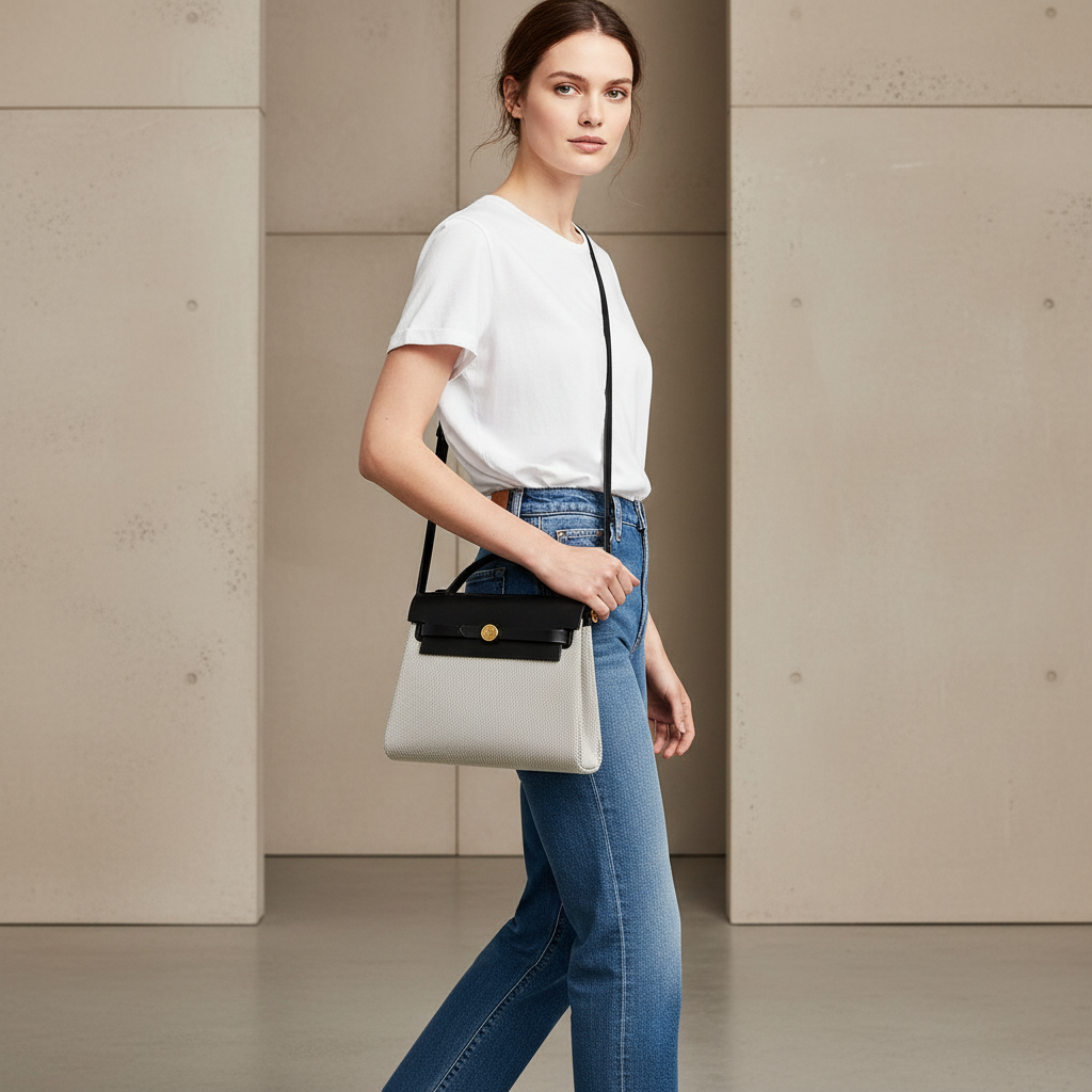 Model wearing Hermes Mini Herbag Zip 20