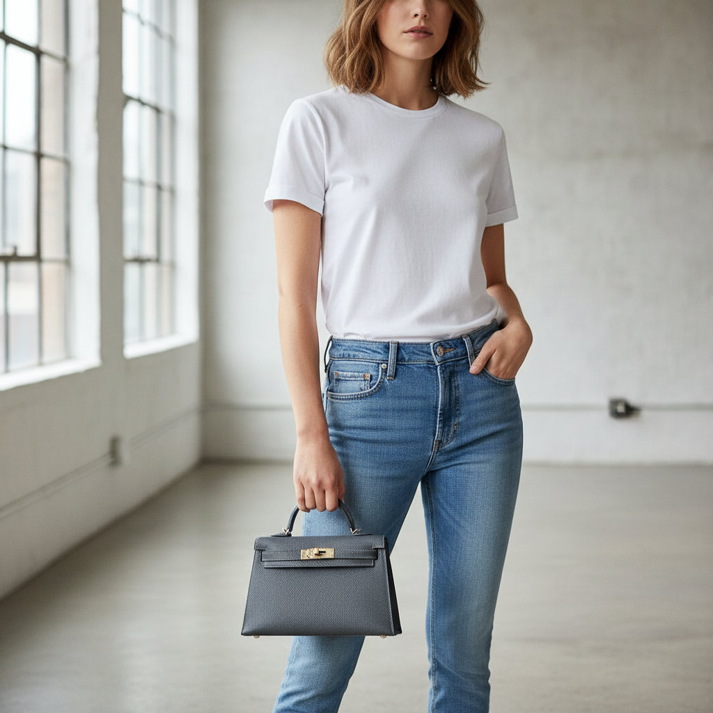 Model wearing Hermes Mini Kelly 20 Ardoise