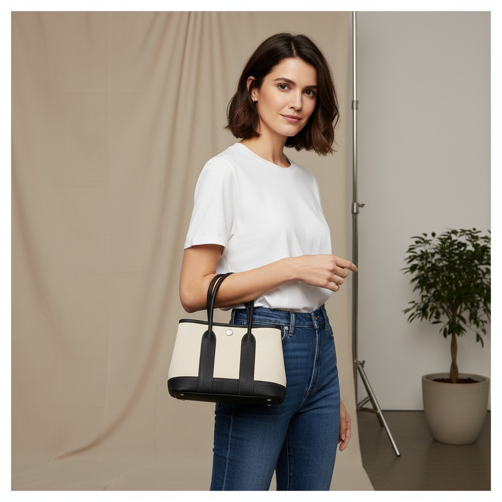 Model wearing Hermes Neo Garden Party 23 - small plain with black trim