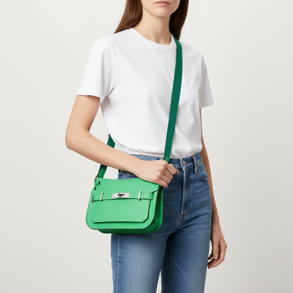 Model wearing Hermes Vert Comic Mini Jypsiere