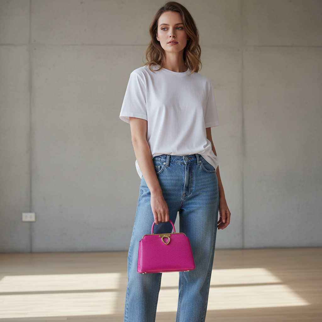 Model wearing Judith Leiber Pink Lizard Top Handle - small