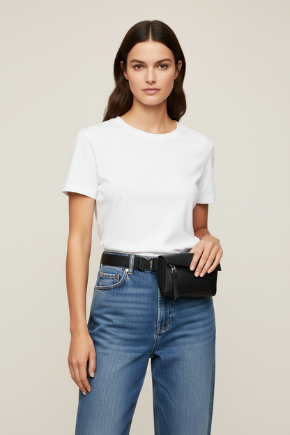 Model Wearing Loewe Black Puzzle Waist Bag