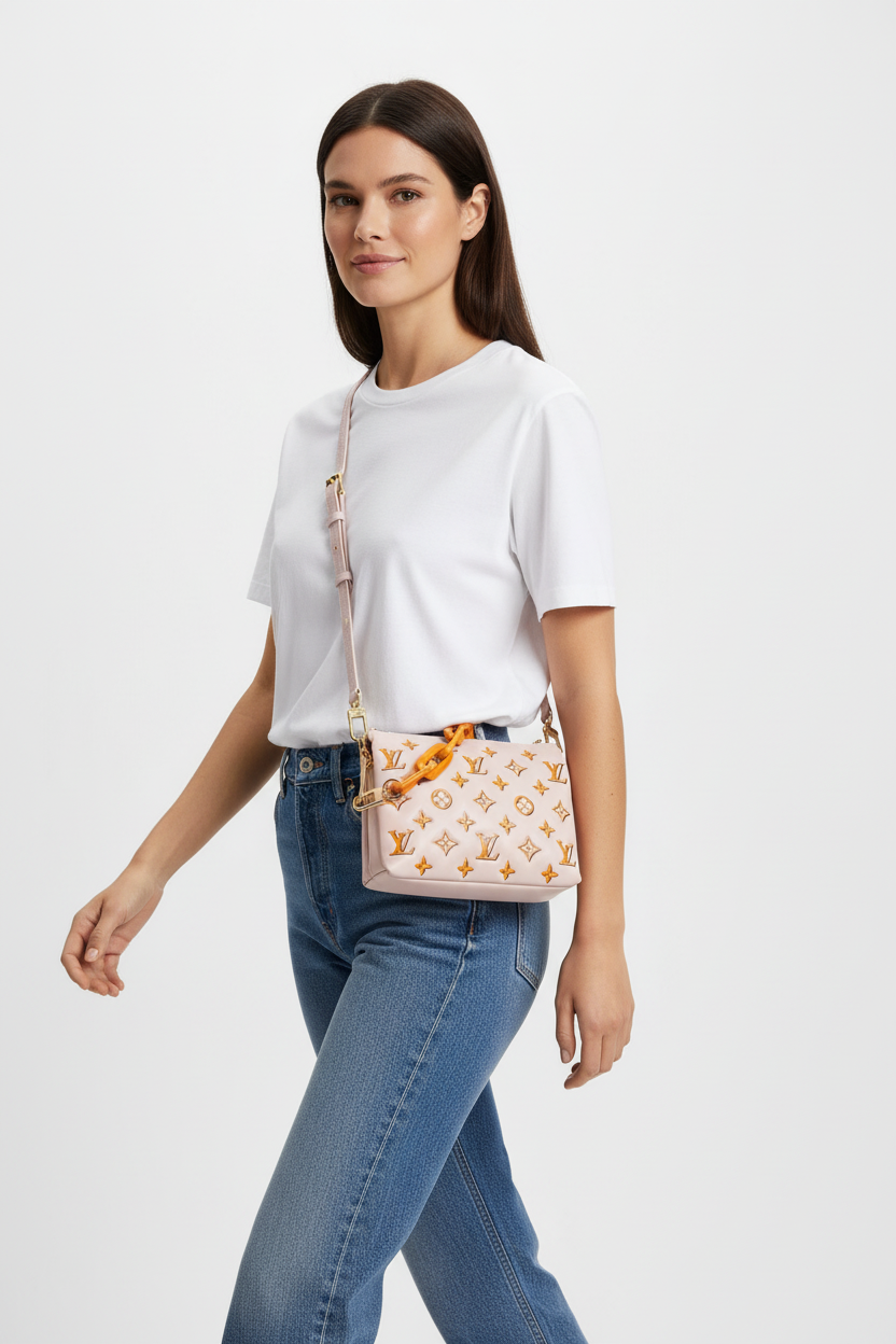 Model wearing Louis Vuitton Coussin BB with orange strap