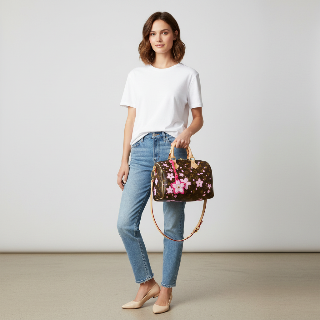 Model wearing LV x Murakami Cherry Blossom Speedy 25