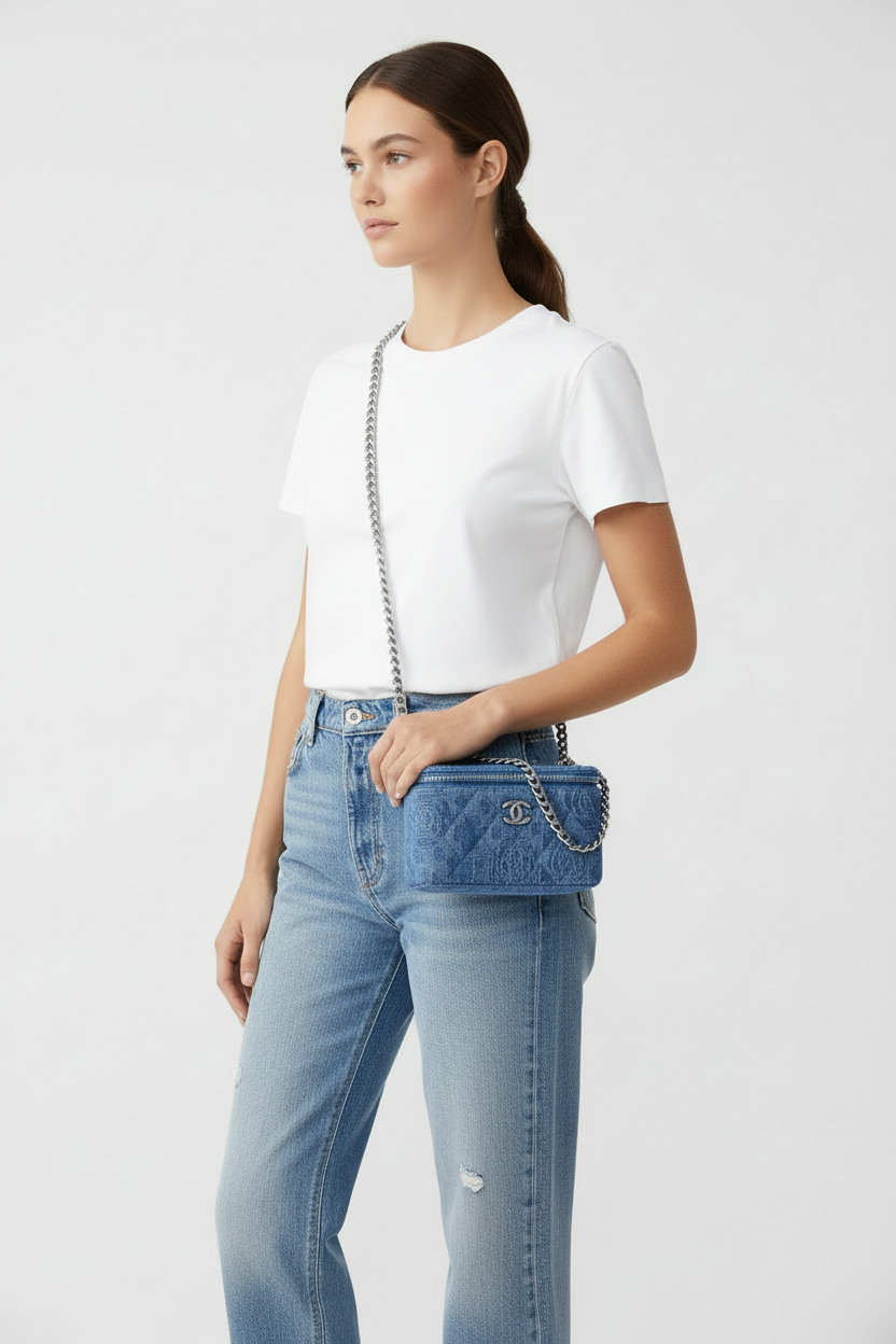 Model wearing smaller Chanel Denim Pearl Crush Vanity as crossbody