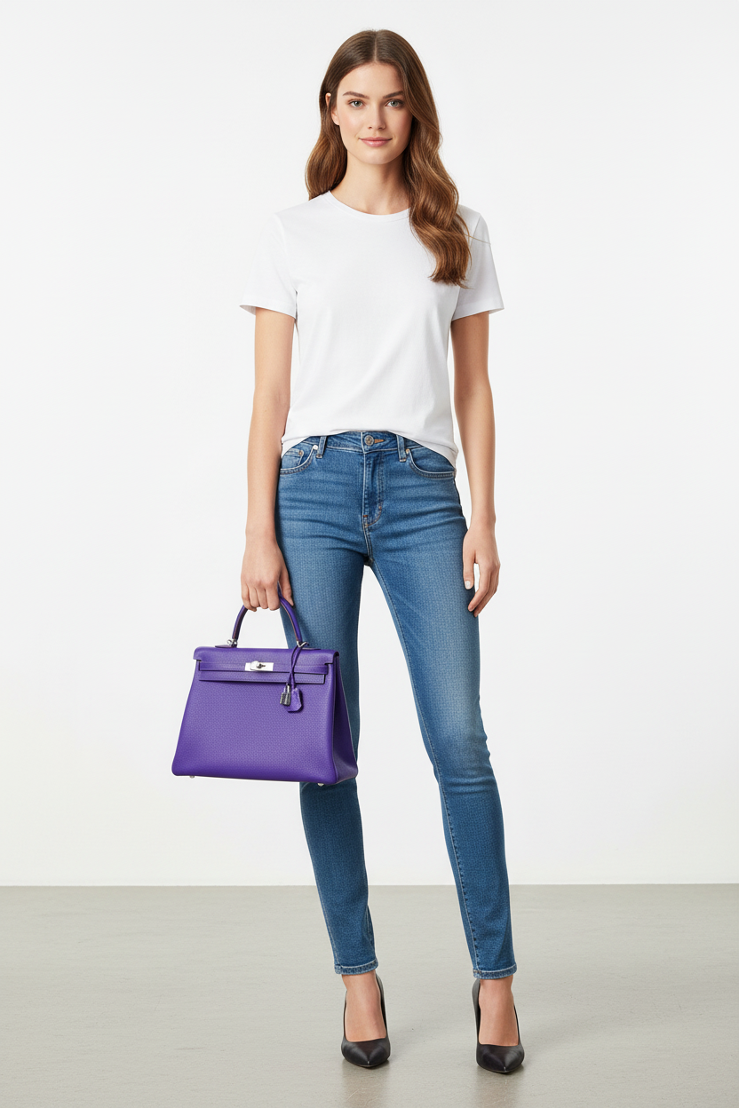 Model wearing t-shirt and jeans holding purple Kelly bag