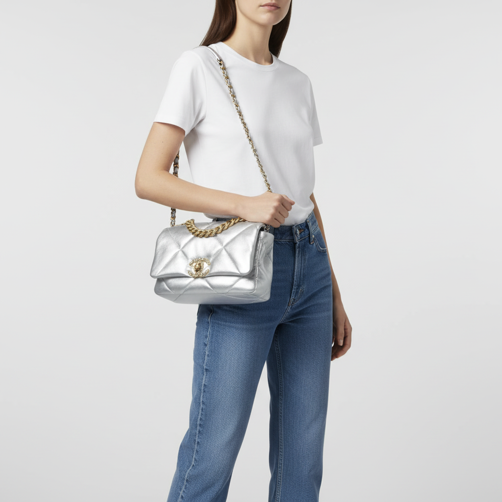 Model wearing t-shirt and jeans with Chanel 19 Silver Medium