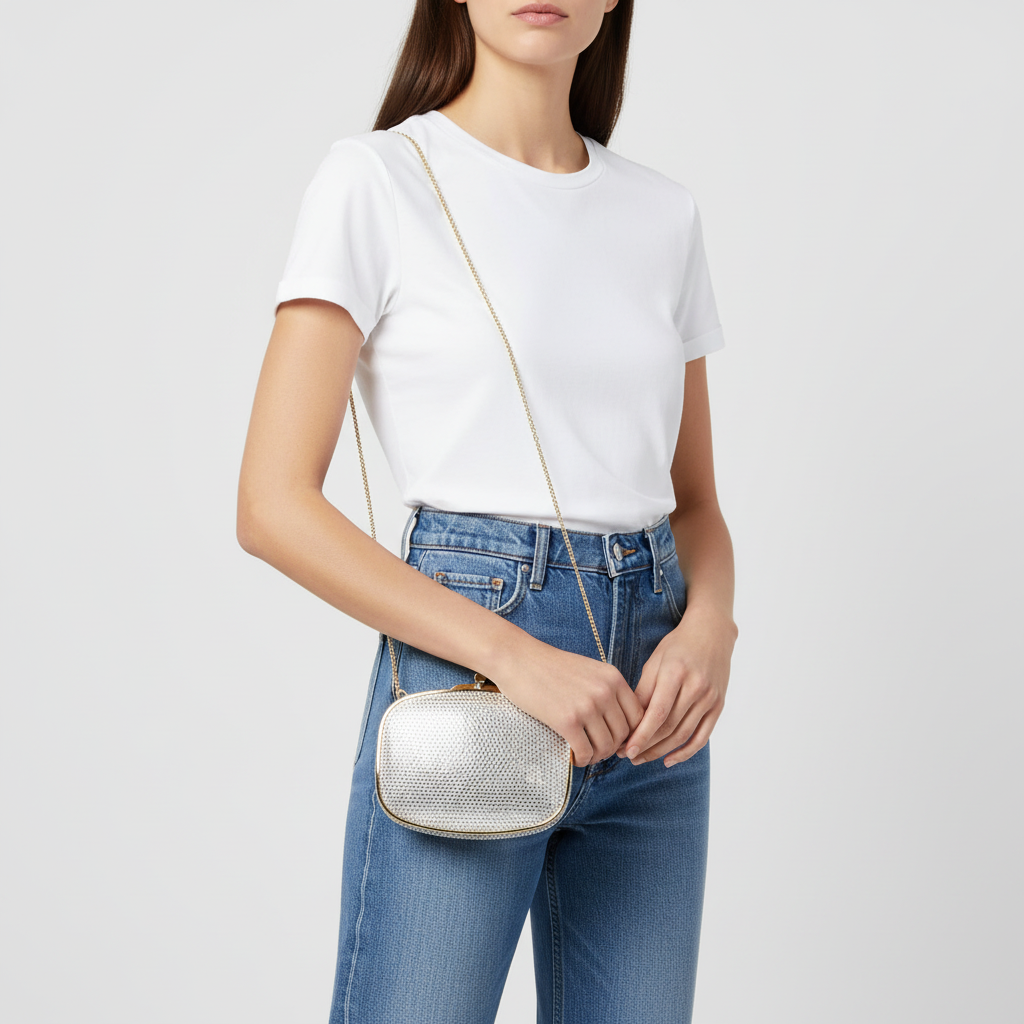 Model wearing t-shirt and jeans with Judith Leiber Oval Crystal Clutch