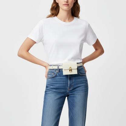 Model wearing t-shirt and jeans with Loro Piana Whisper White Extra Pochette Belt