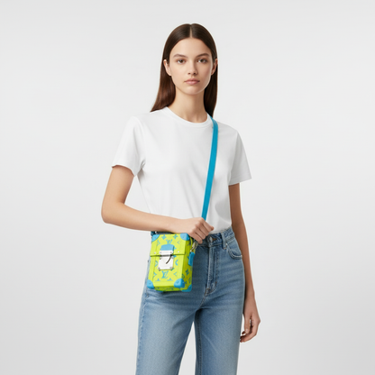 Model wearing t-shirt and jeans with Louis Vuitton Lime Aqua Playground Vertical Trunk