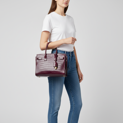 Model wearing t-shirt and jeans with Saint Laurent Prune Small Sac de Jour