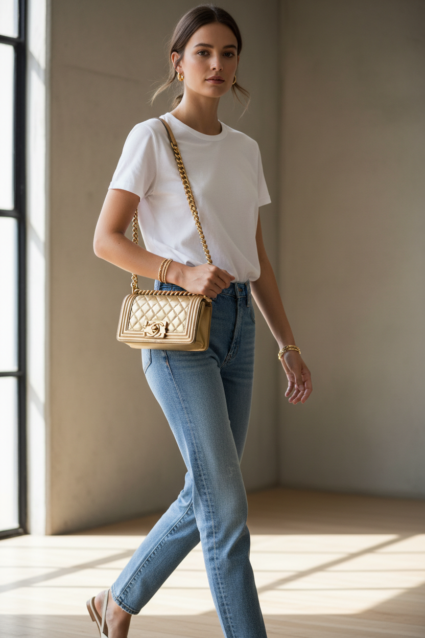 Model with Chanel Gold Small Boy Bag