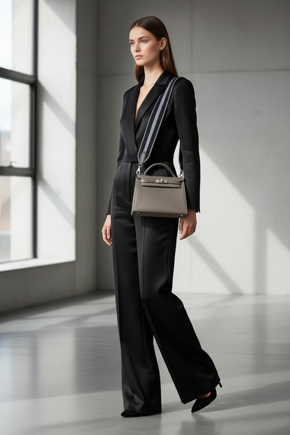 Model with Hermès Kelly 25 and non-adjustable striped strap