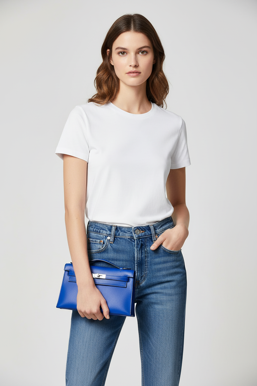 Model with Hermes Kelly Pochette Bleu Electrique - no strap