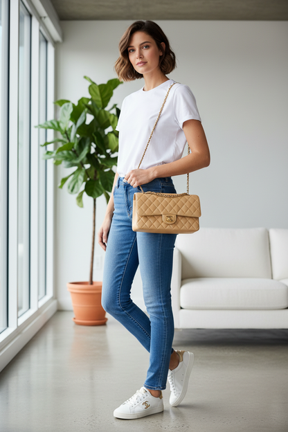 Model with small Chanel beige medium double flap bag
