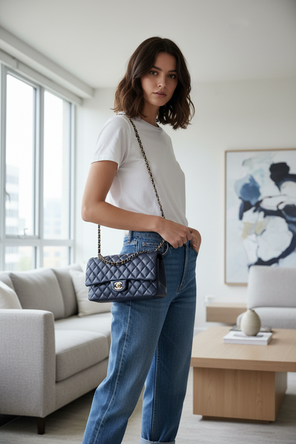 Model with small dark navy Chanel caviar leather bag
