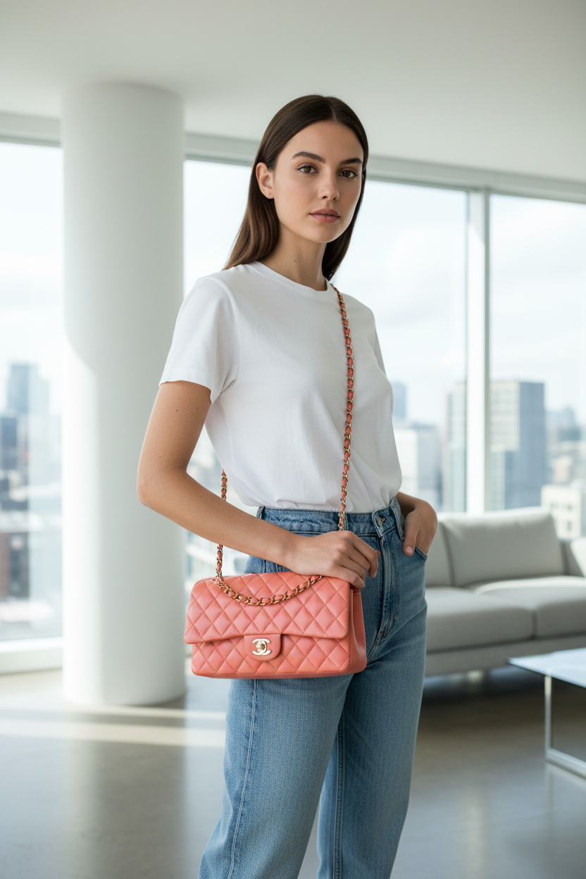 Model with small pink Chanel bag with single strap